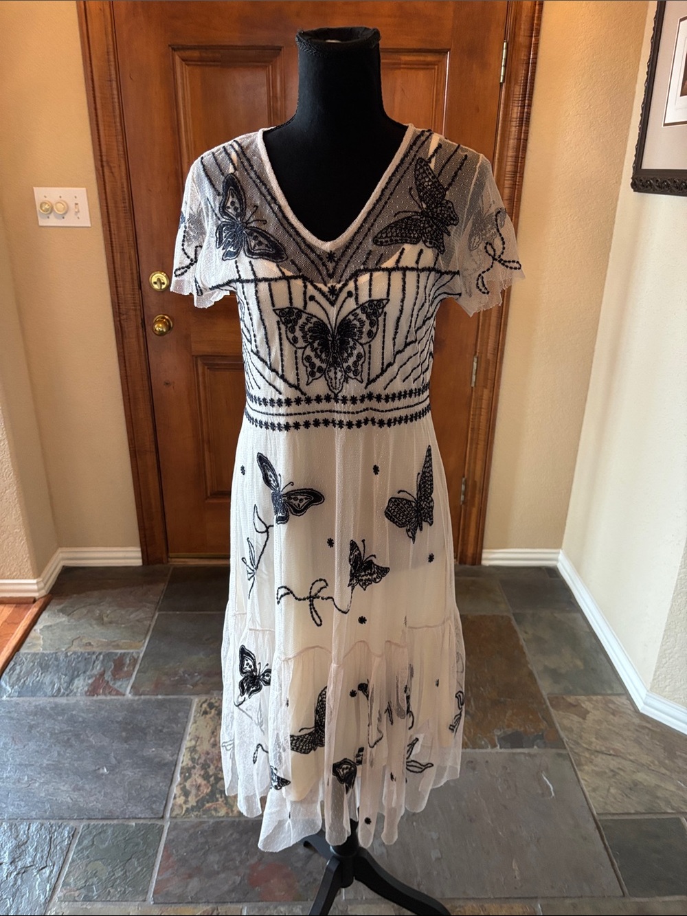 White Midi Dress with Black Butterfly Embroidery - Picture 2 of 6